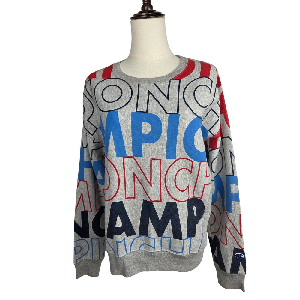 Champion Reverse Weave Sweatshirt Medium Grey Block Text Print Side Panel Preppy